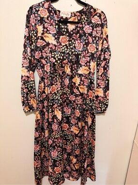 Simplicity Black Floral Long Sleeve Midi Dress with Pink & Yellow Accents